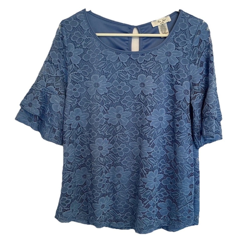 Rue Juju - Blue Lace Stretch Top Shirt Blouse Double Bell Sleeves Lined - Size M